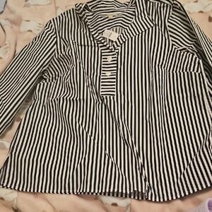 NYT Talbots Black and White Striped Button-Down Tunic Shirt